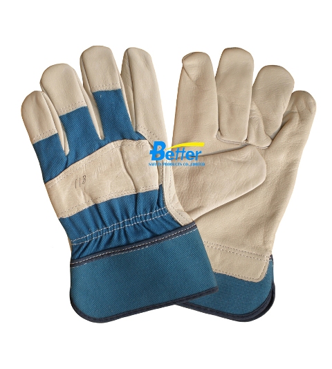 Blue Cotton Back Cow Grain Leather Palm Work Gloves (BGCL103)