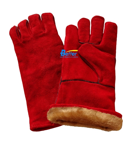 Warm Fur Lining Red Cow Split Leather Welding Gloves(BGCW203W)