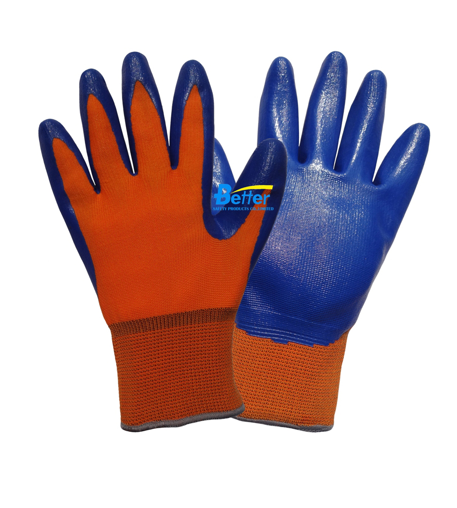 Polyester Shell with Nitrile Smooth Finished Safety Work Gloves (BGNC302O)