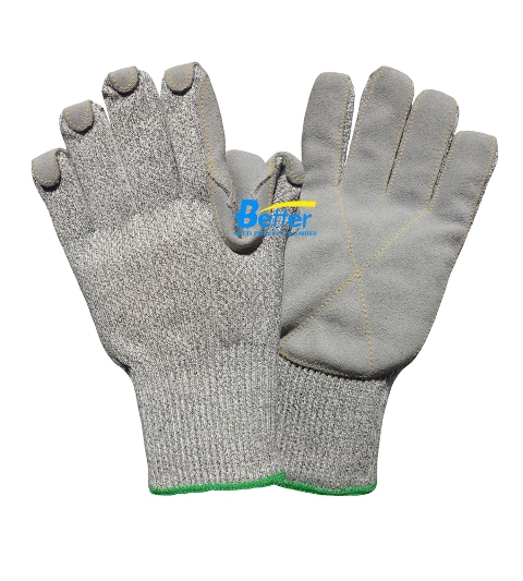 13G HPPE Cut Resistant Work Gloves with cow split leather Palm sewed