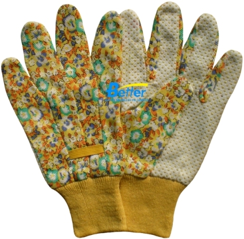 BGCW107-Womens Flowered Cotton Canvas Work Gloves With  Dots