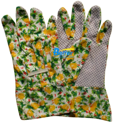 BGCW108-Womens Flowered Cotton Canvas Work Gloves With  Dots