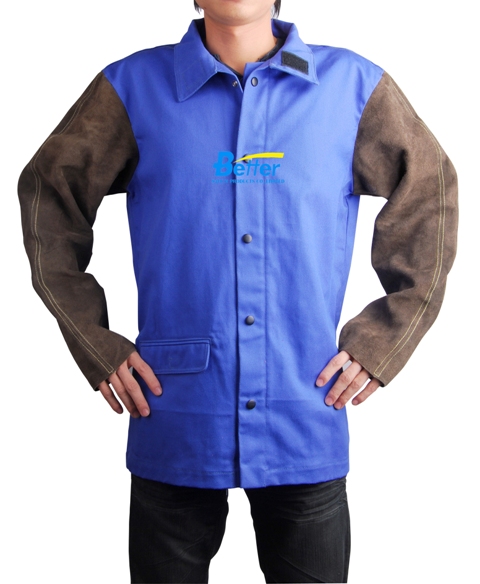 BCFR104 - Leather Sleeves Blue FR Cotton Fire Retardant Clothing,Welding Jacket